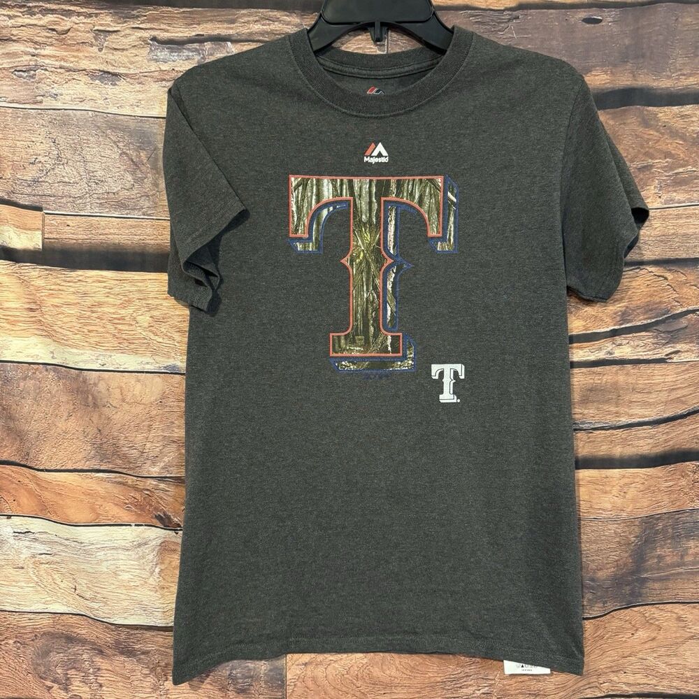 Majestic Texas Rangers T Shirt Mens S Gray Camo Logo MLB Baseball Clubhouse Tee